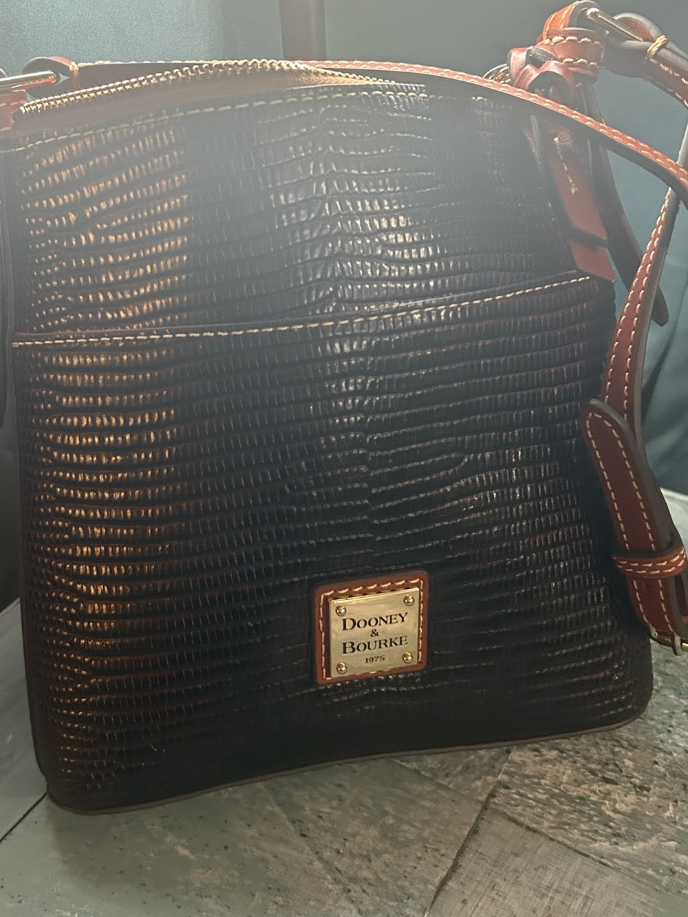 Dooney & Bourke Brown Lizard-Embossed Crossbody with Tan Trim - Picture 5 of 9
